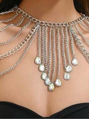 Silver Teardrop Fringe Statement Necklace - Women Jewelry